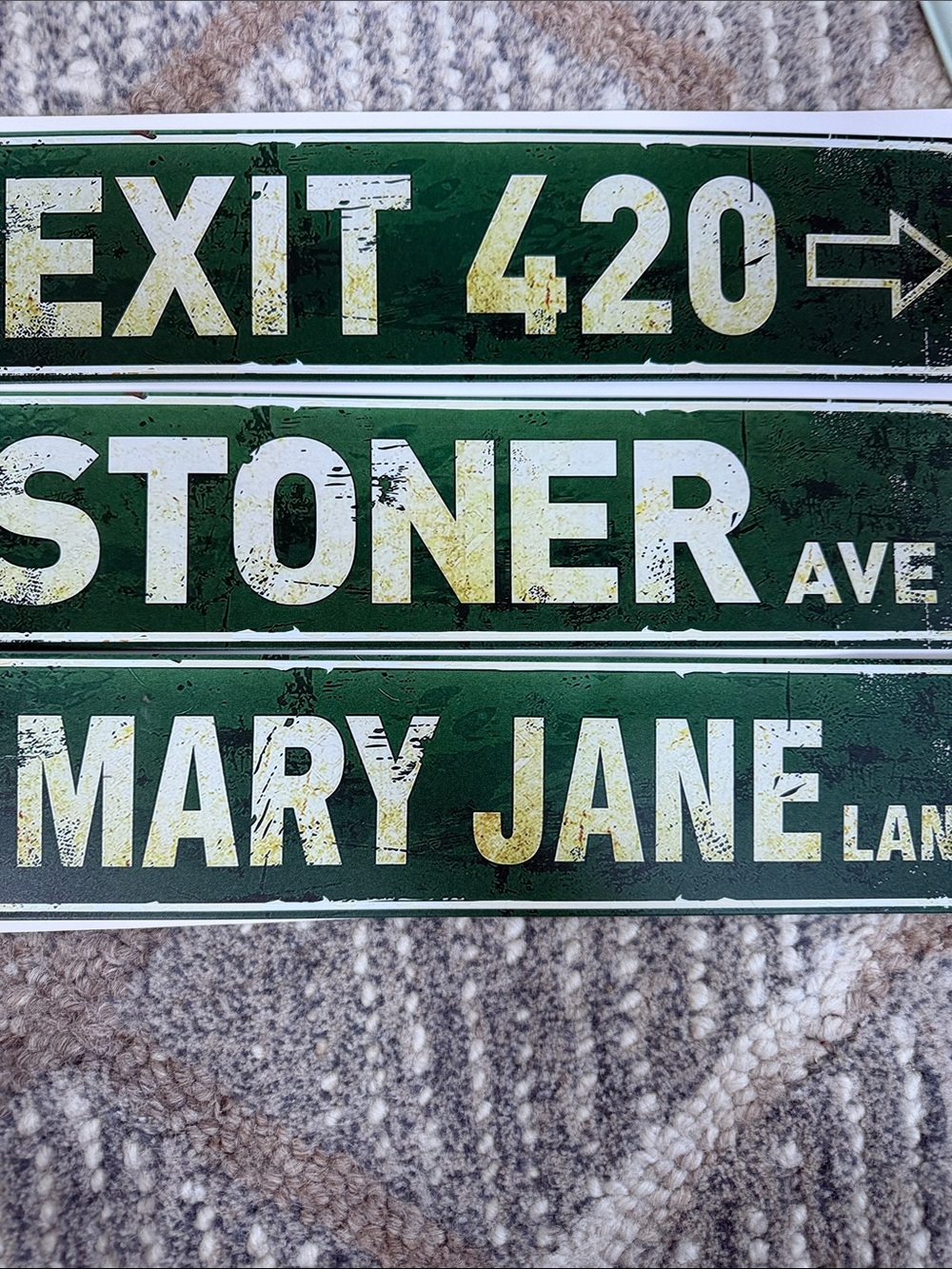 Green "Exit 420 / Stoner Ave / Mary Jane Ln" Decorative Street Sign Set